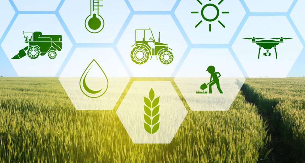 Icons and field on background. Concept of smart agriculture and modern technology